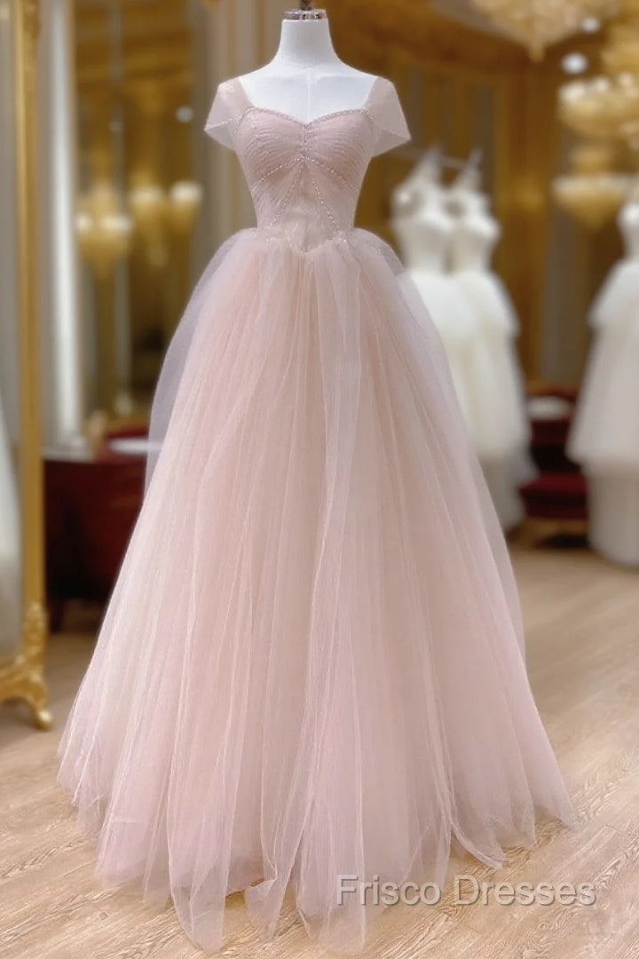 Pink A-Line Tulle Beaded Off Shoulder Long Party Dress, Pink Tulle Formal Prom Dress Main image