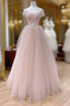 Pink A-Line Tulle Beaded Off Shoulder Long Party Dress, Pink Tulle Formal Prom Dress