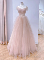 Pink A-Line Tulle Beaded Off Shoulder Long Party Dress, Pink Tulle Prom Dress