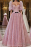 Pink A-line tulle lace long Formal Prom Dresses, pink lace formal Dresses