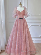 Pink A-line tulle lace long Formal Prom Dresses, pink lace formal Dresses