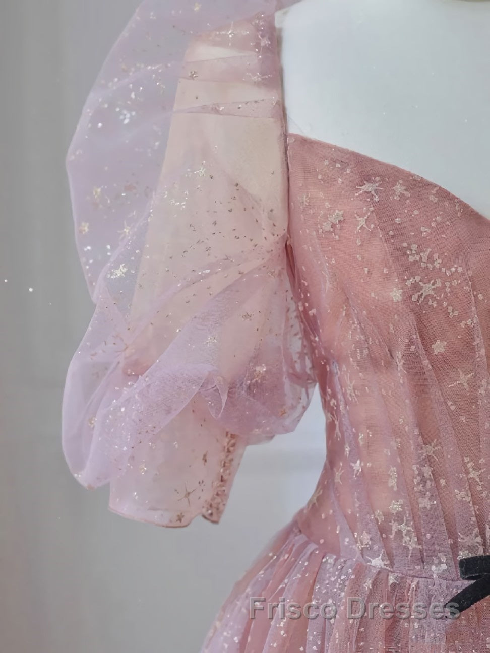 Pink A-line tulle lace long Formal Prom Dresses, pink lace formal Dresses