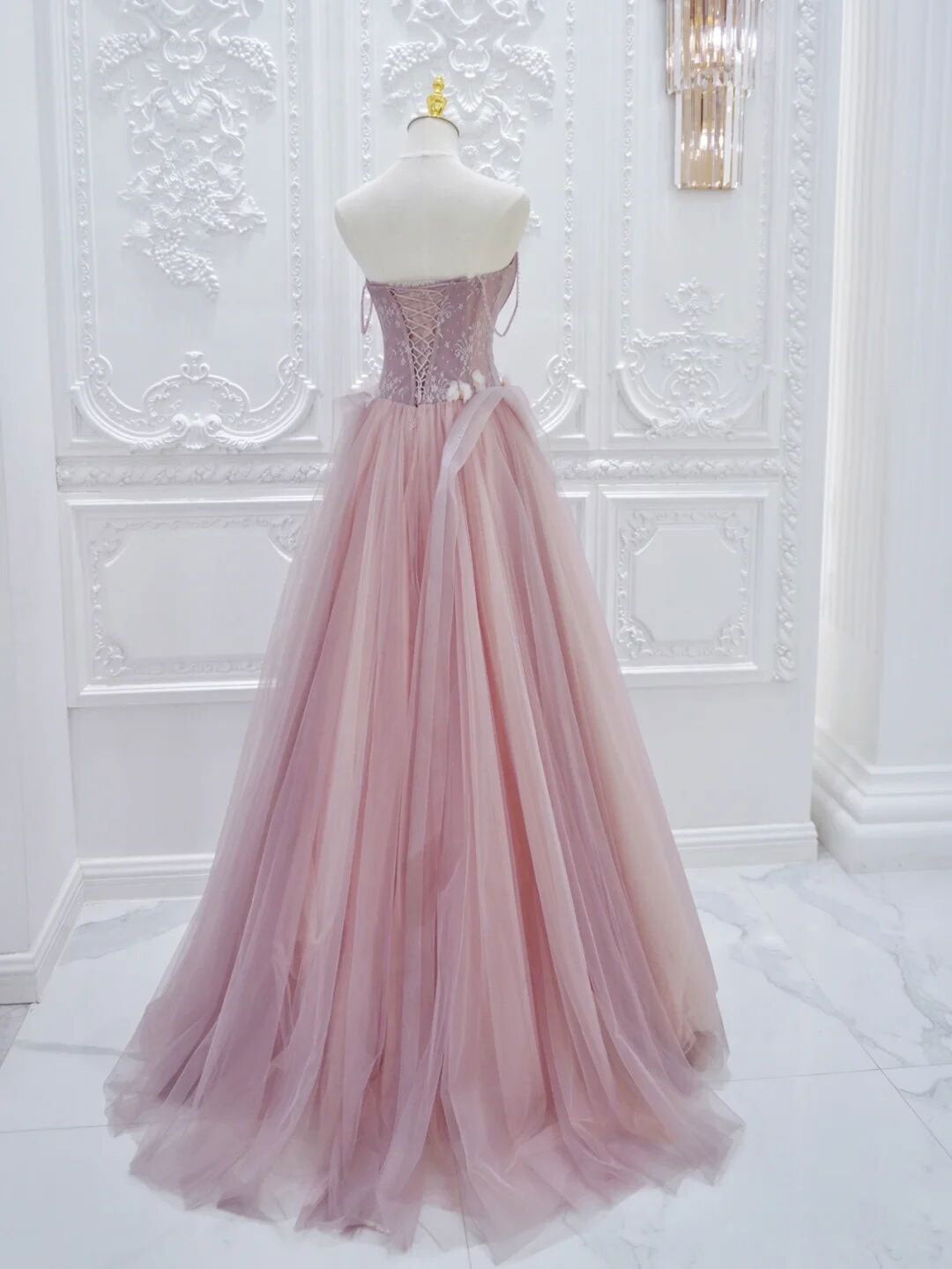 Pink A Line Tulle Lace Long Prom Dress, Pink Tulle Formal Dress Secondary image