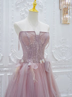Pink A Line Tulle Lace Long Prom Dress, Pink Tulle Formal Dress
