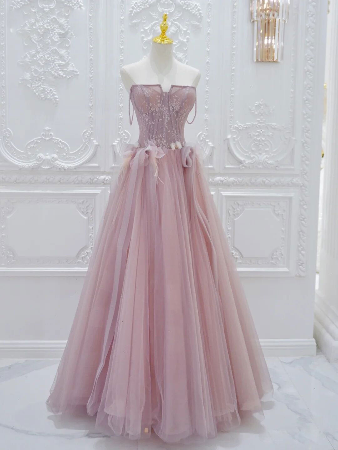 Pink A Line Tulle Lace Long Prom Dress, Pink Tulle Formal Dress