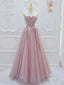Pink A Line Tulle Lace Long Prom Dress, Pink Tulle Formal Dress