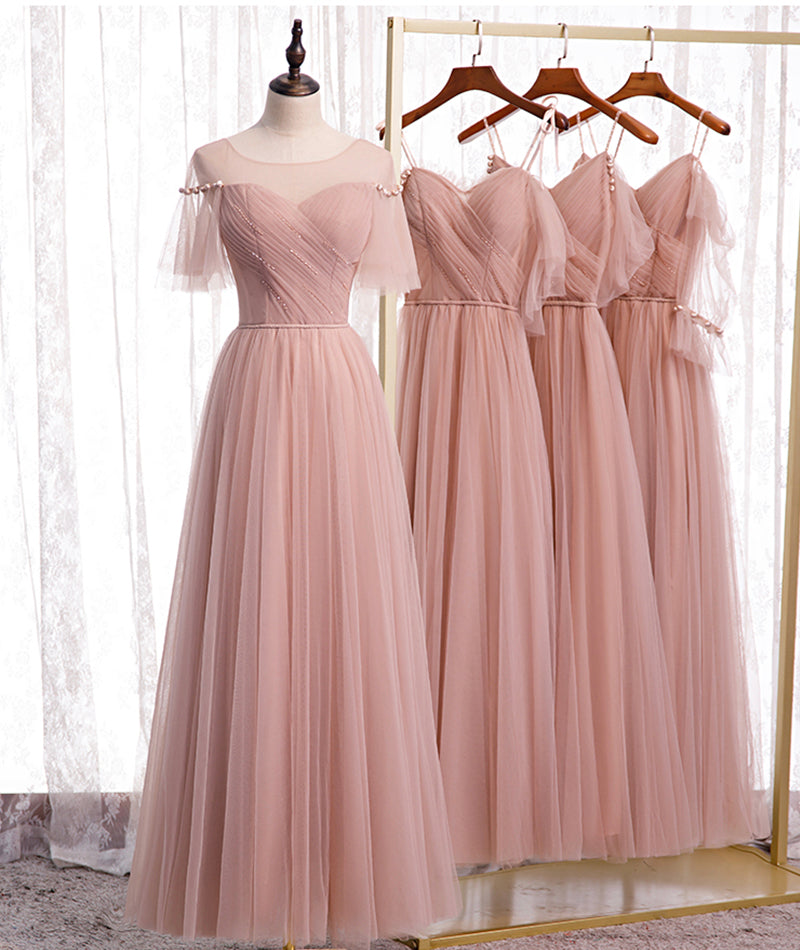 Pink Elegant A-Line Tulle Long Ball Gown Evening Gown Bridesmaid Dress