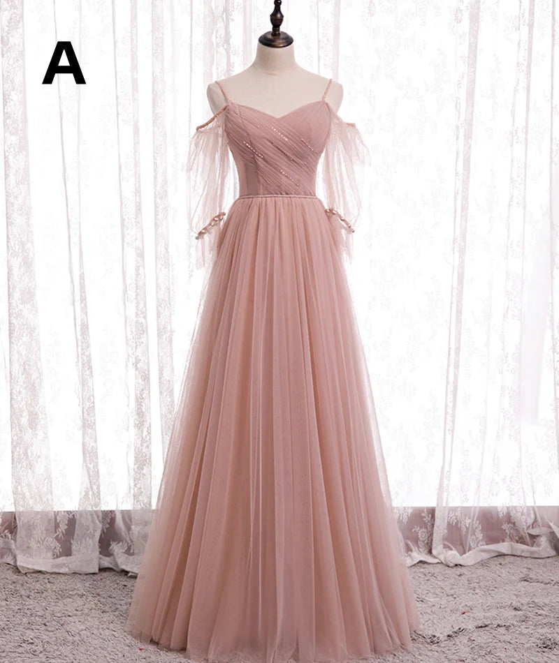 Pink Elegant A-Line Tulle Long Ball Gown Evening Gown Bridesmaid Dress