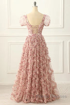 Pink A-Line Tulle Pleated Floral Long Formal Prom Dress Adult Ceremony Graduation Formal Prom Dress