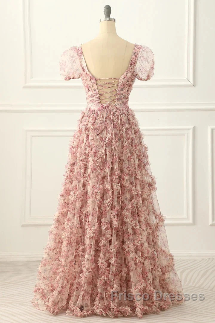 Pink A-Line Tulle Pleated Floral Long Formal Prom Dress Adult Ceremony Graduation Formal Prom Dress
