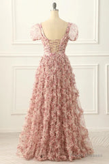 Pink A-Line Tulle Pleated Floral Long Prom Dress Adult Ceremony Graduation Prom Dress