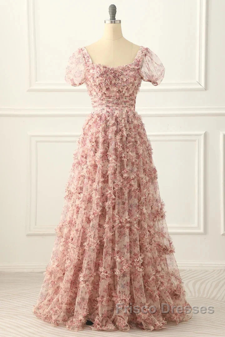 Pink A-Line Tulle Pleated Floral Long Formal Prom Dress Adult Ceremony Graduation Formal Prom Dress