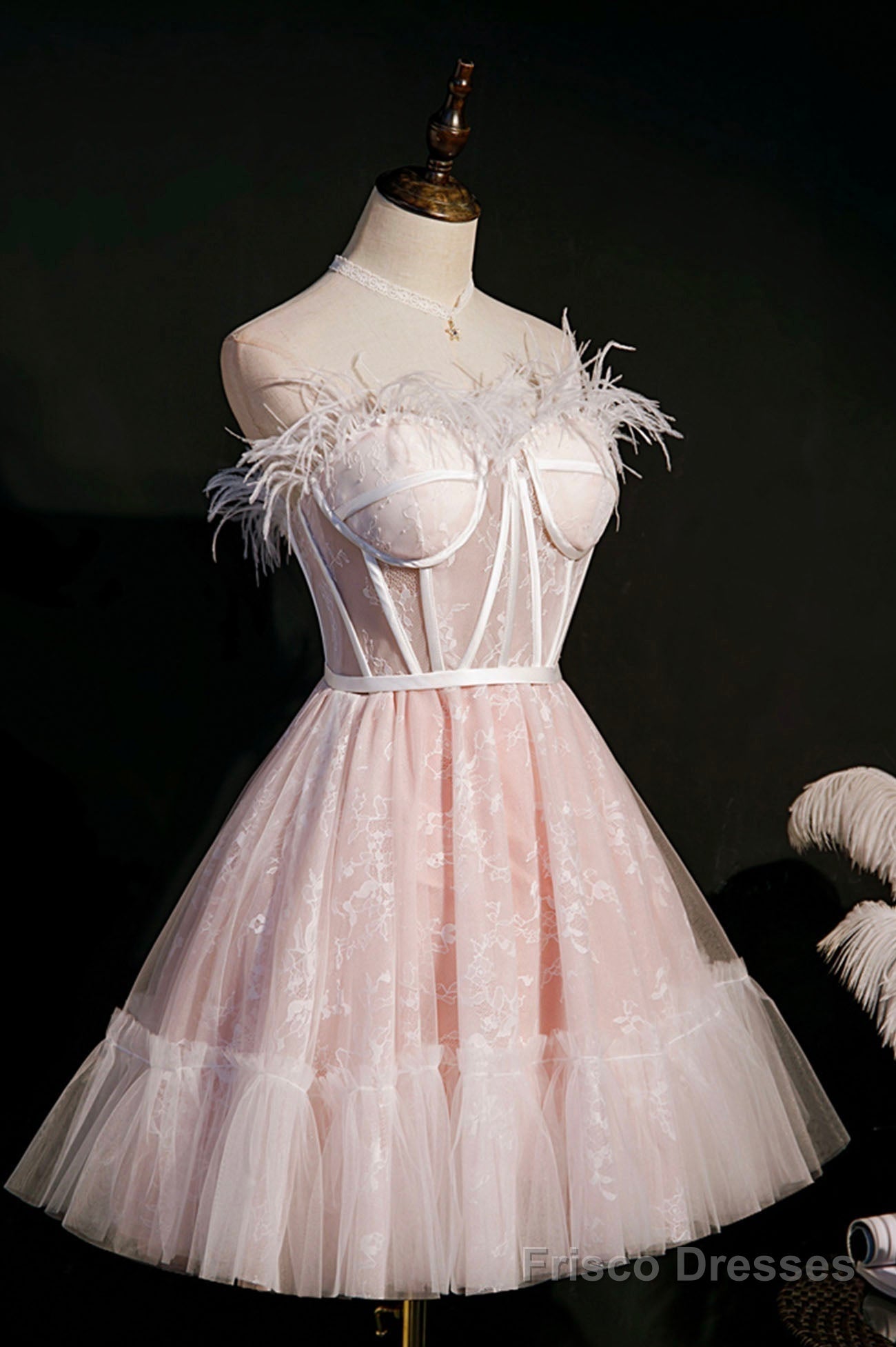 Pink A-Line Tulle Short Prom Dress with Feather, Pink Strapless Party Dress Secondary image