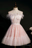 Pink A-Line Tulle Short Prom Dress with Feather, Pink Strapless Party Dress