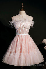 Pink A-Line Tulle Short Prom Dress with Feather, Pink Strapless Party Dress