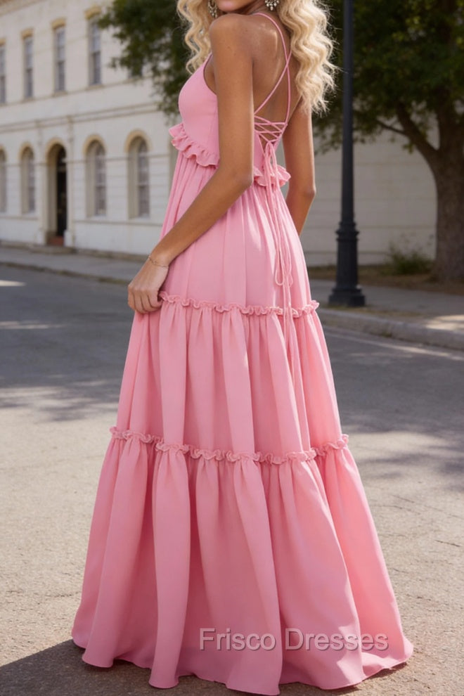 Pink A-line V Neck Sleeveless Floor-Length Chiffon Prom Dress Long Prom Dresses Backless with Pleated Ruffles Secondary image