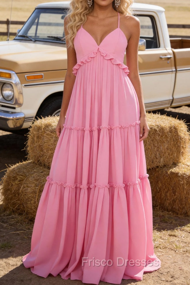 Pink A-line V Neck Sleeveless Floor-Length Chiffon Prom Dress Long Prom Dresses Backless with Pleated Ruffles Main image