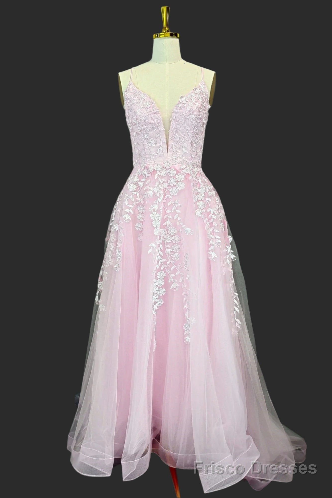 Pink A-line V Neck Spaghetti Straps Sweep Train Tulle Prom Dresses With Appliqued Beading Main image