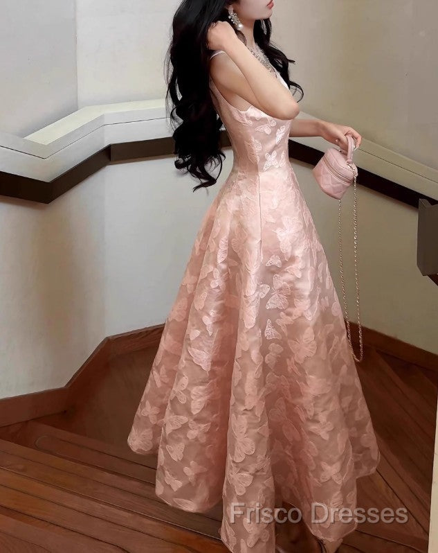 Pink A-Line Vintage Butterfly Embroidered Satin Formal Prom Dress Birthday Dressed01772