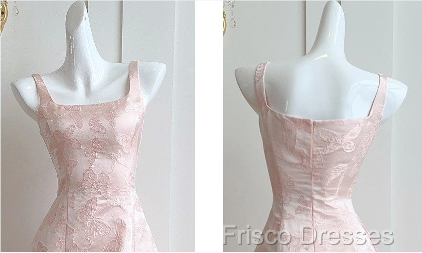 Pink A-Line Vintage Butterfly Embroidered Satin Formal Prom Dress Birthday Dressed01772
