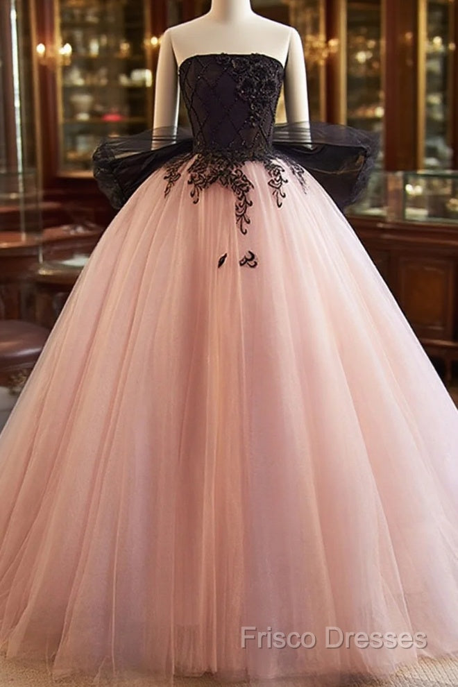 Pink And Black Lace Tulle Ball Gown Sweet 16 Dress, Pink And Black Long Formal Dress Main image