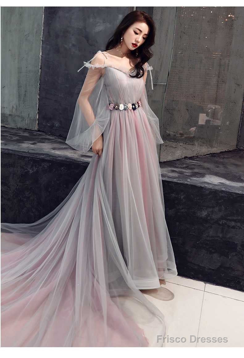 Pink And Grey Tulle Puffy Sleeves Formal Dress With Flowers, A-Line Tulle Party Dresses Secondary image