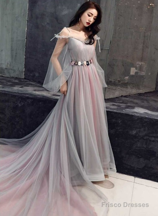 Pink And Grey Tulle Puffy Sleeves Formal Dress With Flowers, A-Line Tulle Party Dresses Main image