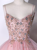 Pink Ball Gown Beaded V-neckline Prom Dress, Pink Sweet 16 Dresses