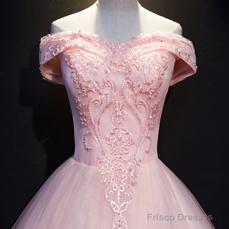 Pink Ball Gown Long Tulle Party Dress, Off Shoulder Prom Dress Secondary image
