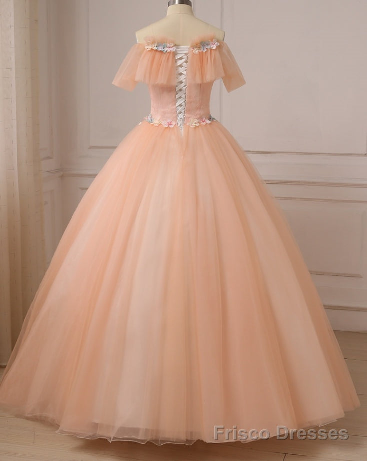 Pink Ball Gown Off Shoulder Tulle Sweet 16 Dress with Flowers, Pink Formal Dress