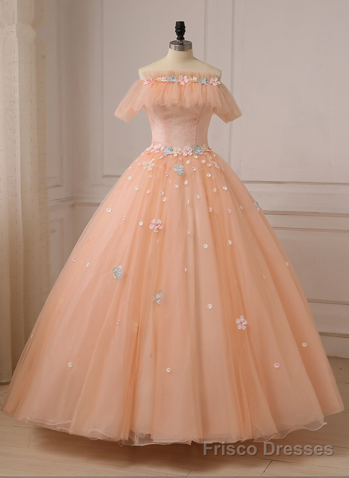 Pink Ball Gown Off Shoulder Tulle Sweet 16 Dress with Flowers, Pink Formal Dress Main image