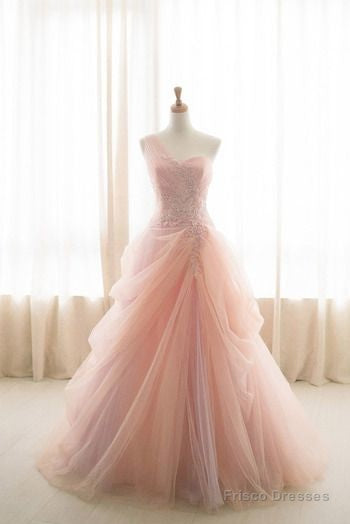 Pink Ball Gown One Shoulder Tulle Appliques Wedding Dress  Prom Dress Main image