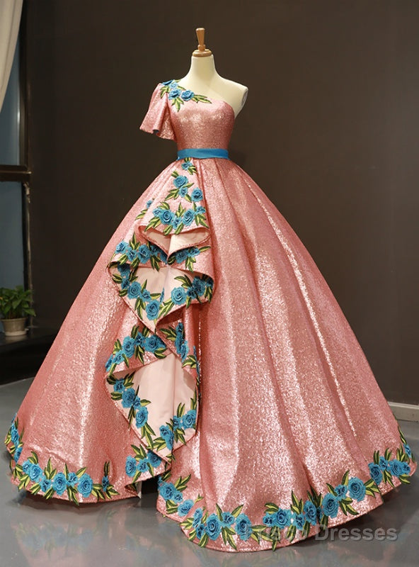 Pink Ball Gown Sequins Blue Embroidery Appliques One Shoulder Sweet 16 Prom Dress Main image
