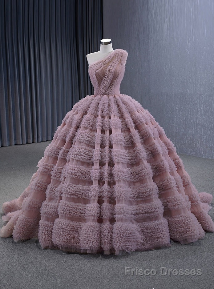 Pink Ball Gown Tulle One Shoulder Pleats Prom Dress Main image