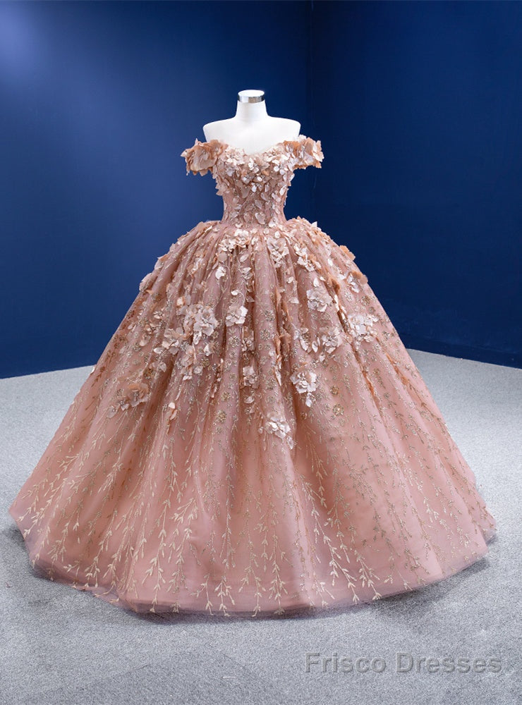 Pink Ball Gown Tulle Sequins 3D Appliques Prom Dress Main image