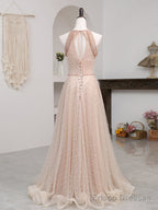 Pink Beaded Tulle Halter Long Formal Dress Evening Dress, Pink Long A-line Party Dress