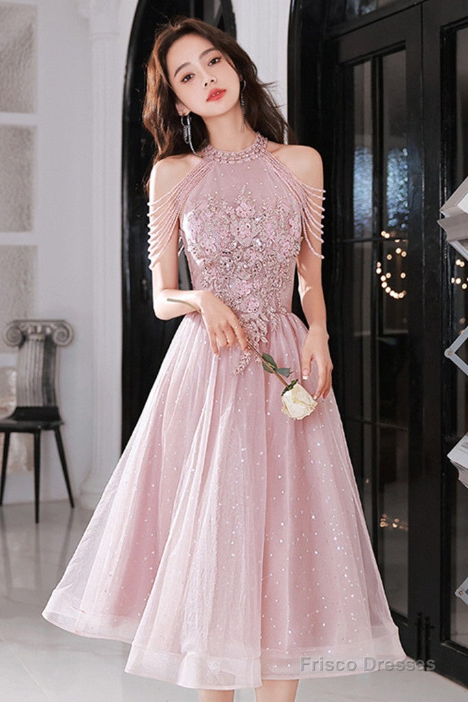 Pink Beaded Tulle Short Homecoming Dress, Pink Prom Dress Party Dress Main image