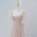 Pink Beaded Tulle Short Sleeves Long Party Dress, Pink Sweet 16 Dresses