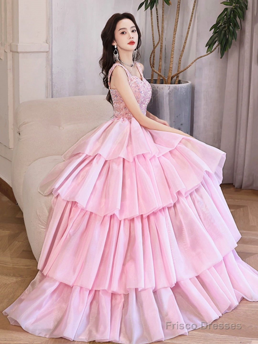 Pink/Blue Tulle Layers Long A-Line Prom Dress, A-Line Spaghetti Strap Sequins Evening Dress
