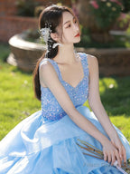 Pink/Blue Tulle Layers Long A-Line Prom Dress, A-Line Spaghetti Strap Sequins Evening Dress