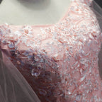 Pink Cap Sleeves Ball Gown Tulle With Lace Sweet 16 Dresses, Long Quinceanera Dresses