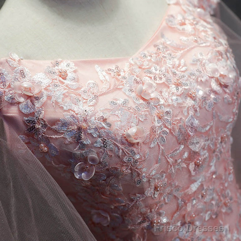 Pink Cap Sleeves Ball Gown Tulle With Lace Sweet 16 Dresses, Long Quinceanera Dresses
