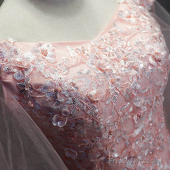 Pink Cap Sleeves Ball Gown Tulle With Lace Sweet 16 Dresses, Long Quinceanera Dresses