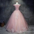 Pink Cap Sleeves Ball Gown Tulle With Lace Sweet 16 Formal Prom Dress, Long Quinceanera Dress