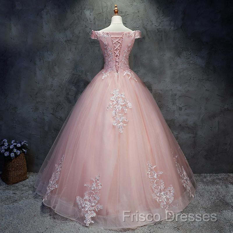 Pink Cap Sleeves Ball Gown Tulle With Lace Sweet 16 Formal Prom Dress, Long Quinceanera Dress