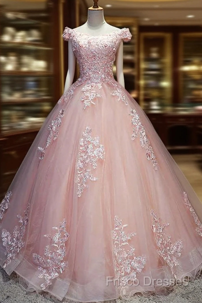 Pink Cap Sleeves Ball Gown Tulle With Lace Sweet 16 Formal Prom Dress, Long Quinceanera Dress Main image