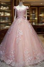 Pink Cap Sleeves Ball Gown Tulle With Lace Sweet 16 Formal Prom Dress, Long Quinceanera Dress
