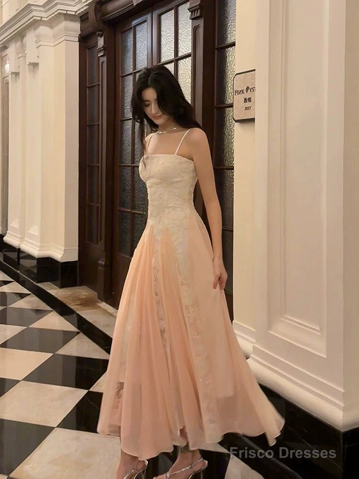 Pink Chiffon And White Lace Straps A-Line Prom Dress, Long Chic Evening Dress Party Dress Main image
