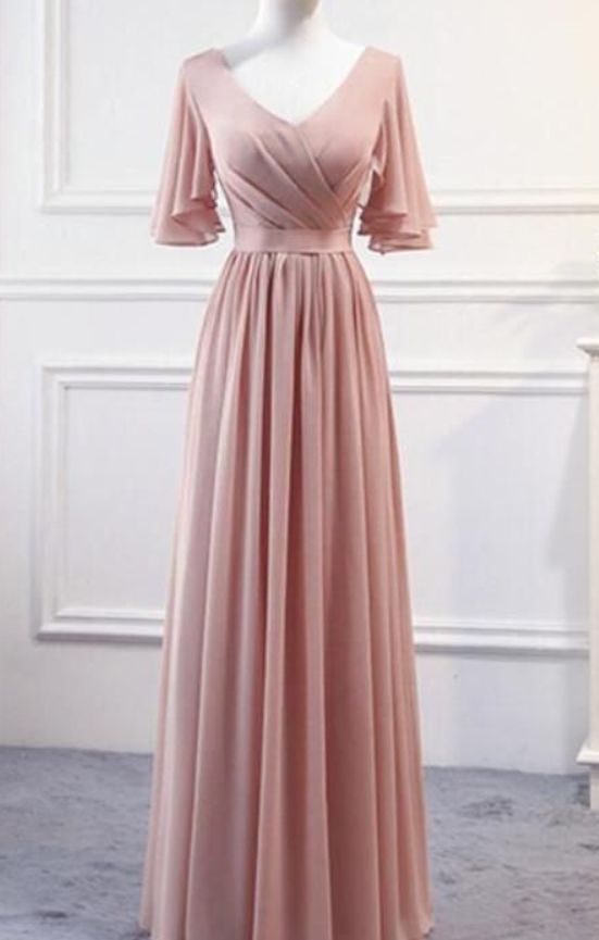 Pink Chiffon Bridesmaid Dresses , Long Formal Prom Gown