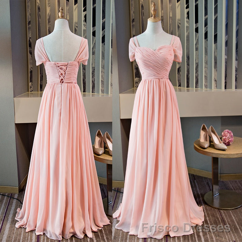 Pink Chiffon Cap Sleeves Long Bridesmaid Dress, Floor Length Pink Party Dress